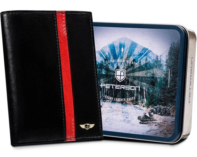 Skórzany portfel męski czarny z czerwonym akcentem Peterson PTN N74-VTP BL-RED